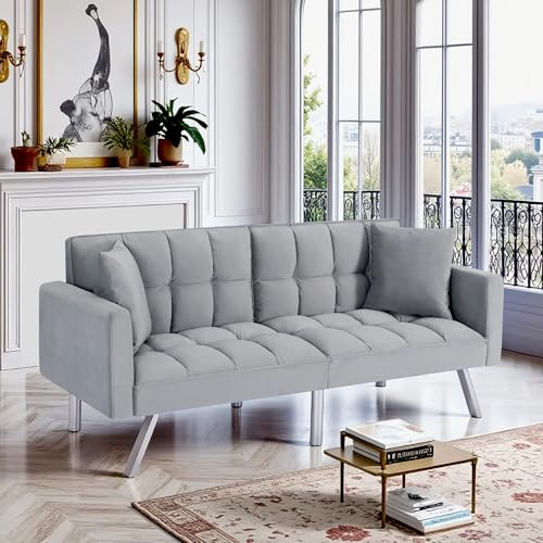 78" Modern Sofa Bed Futon,Convertible Sleeper Bed Couch with 4 Reclining Backrest,Comfy Velvet Cloud Sofa Loveseat for Living Room Bedroom Office (Grey) Anwick