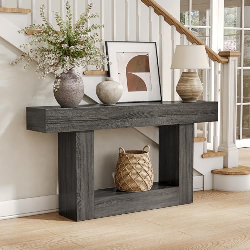 LITTLE TREE 63 Inches Long Console Table, 2-Tier Farmhouse Sofa Table Behind Couch, Large Narrow Entryway Table for Living Room, Wooden Hallway Foyer Table with Heavy Duty Base, Grey LITTLE TREE
