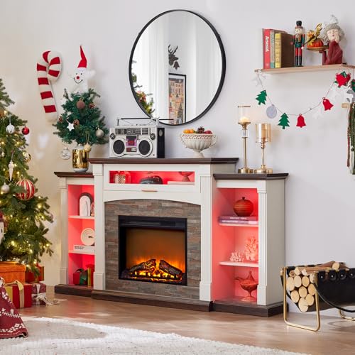 SAVOR LIFE Fireplace TV Stand for 80'' TV, 70" Electric Fireplace with Mantel, White Entertainment Center with Electric Fireplace & LED Lights, TV Console Fire Place TV Stands for Living Room SAVOR LIFE