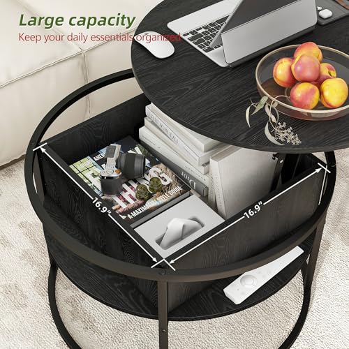 HOJINLINERO Round Lift Top Coffee Table,Coffee Tables Living Room,Black Coffee Table with Storage Hidden Compartment,Wood Farmhouse Coffee Table Decor,Center Table for Living Room,Modern Coffee Table HOJINLINERO