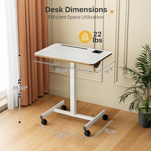 Liftsync Mobile Standing Desk, Rolling Laptop Cart Adjustable Height with Cup Holder, 28 inch Portable Table with 4 Lockable Wheels, White Computer Workstation with Hook and Slots for Home Office Liftsync