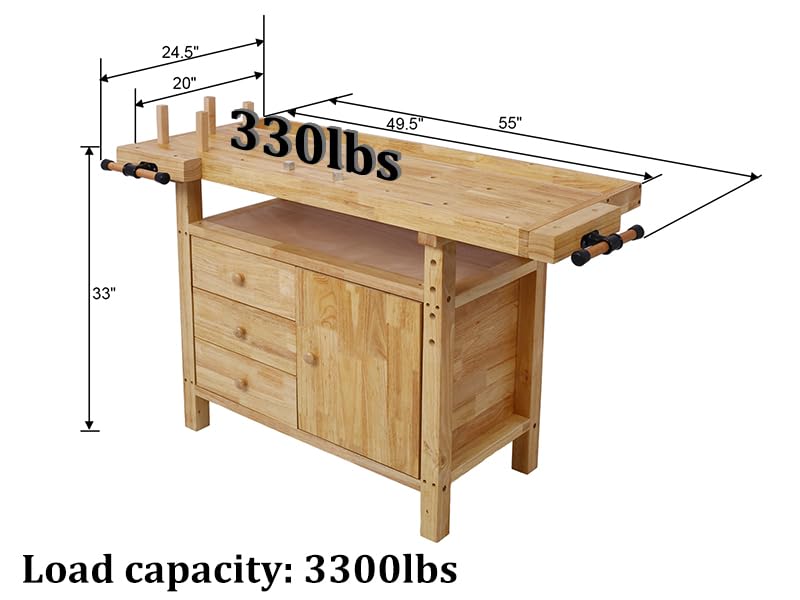 Olela Wood Workbench, Integrated Vise and Bench Dog Holes Garage Workbench with Drawers, 55 inches Heavy Duty Workbench Weight Capacity of 3300lbs (50"-3 Drawers and 1 Cabinet) Olela