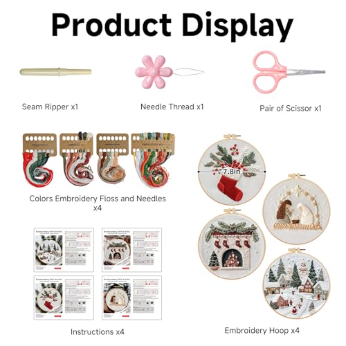 TPZBWG Christmas Embroidery Kit, 4 Pack Cross Stitch Kits,DIY Embroidery Starter Kit for Adults & Beginners, DIY Needlepoint Kit with Embroidery Hoop Thread Needle for Craft Lover Birthday Gifts 2