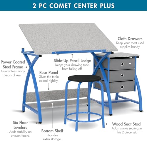 SD STUDIO DESIGNS Comet Center Plus, Craft Table and Matching Stool Set with Storage and Adjustable Top, Blue/Spatter Gray, 50x23.75x29.5 inches, 2 Piece SD STUDIO DESIGNS