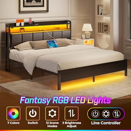Rolanstar Bed Frame King Size with Charging Station and LED Lights, PU Leather Headboard with Storage Shelves, Heavy Duty Metal Slats, No Box Spring Need, Noise Free, Easy Assembly, Black Rolanstar