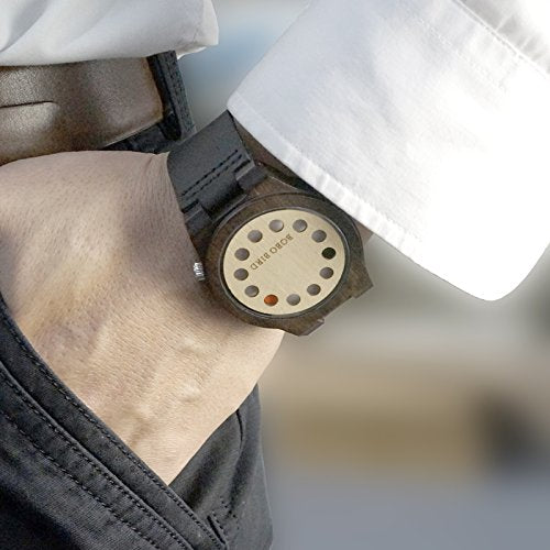 BOBO BIRD Men's Bamboo Wooden Watch with Black Cowhide Leather Strap 12 Holes Timer Design Sports Casual Watches BOBO BIRD