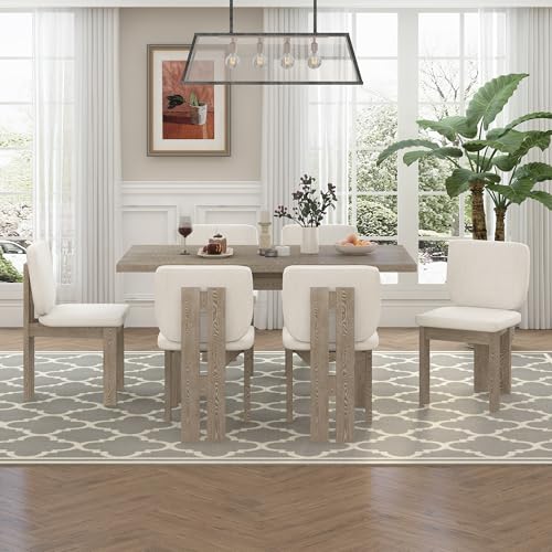 Merax Wood Dining Table Set for 6, Rectangular Tabletop/Upholstered Chairs/Retro Geometric Design, Ideal for Dining-Room and Kitchen, Natural Merax