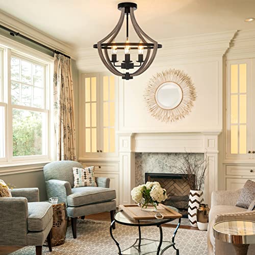 16.5" Farmhouse Light Fixtures Chandelier, 4-Light Rustic Flush Mount Ceiling Light, Modern Faux Wood Light Fixture for Dining Room Kitchen Foyer Hallway Entryway Bedroom Closet Seealle