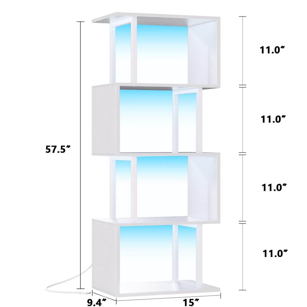 Furologee White Geometric Bookshelf with LED Light, 5 Tier S-Shaped Small Bookcase, Modern Display Standing Shelf, Metal Wooden Decorative Storage Shelves for Bedroom, Living Room, Office Furologee