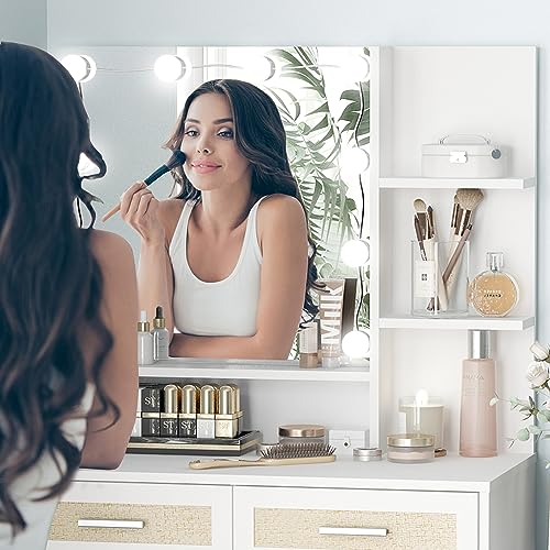 Maupvit Rattan Vanity Desk with Mirror and Lights, Boho Makeup Vanity Table Set with Nightstand, 5 Drawers & 10 Bulbs, Metal Silver Handle, 3 Open Shelves, Dressing Table with Cushioned Stool (White) Maupvit