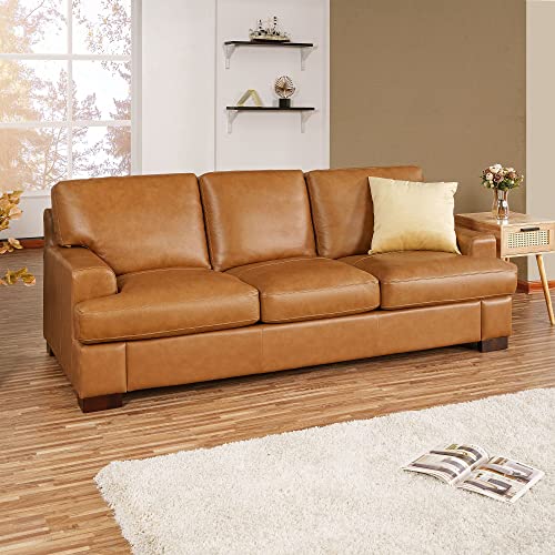 Naomi Home Siggy Genuine Leather Sofa - Luxurious Comfort, Goose Feather Cushion Filling, Square Arm Design, Sturdy Block Legs, Elegant Tan - Ideal for Living Room, Office, or Bedroom Naomi Home