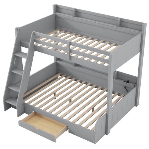 Twin over Full Bunk Bed with Storage Shelves, Wood Twin Bunk Beds with Ladder and Built-in Drawer, Multifunctional Bunk Bed Frame with Led Lights and Charging Station for Kids Girls Boys, Gray Harper & Bright Designs