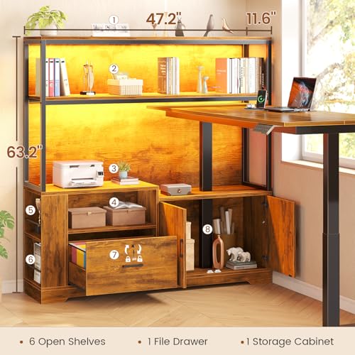 SEDETA 56.7" L Shaped Standing Desk, Reversible Computer Office Desk with Drawers & Hutch, Stand Up Corner Gaming Desks with LED Lights & Power Outlets for Home Office, Rustic Brown SEDETA