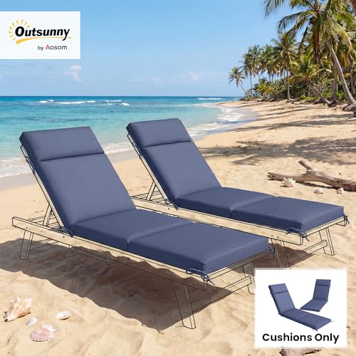 Outsunny Outdoor Chaise Lounge Cushions Set of 2, Chaise Lounge Cushions with 6 Ties, High-Density Foam, 72 x 21.1 x 2.6 Inch Water-Repellent and UV-Resistant for Patio, Poolside, Navy Blue