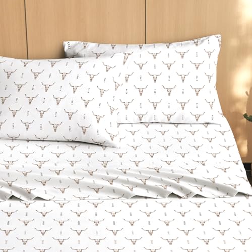 Wake In Cloud - Western Bed Sheets, 4-Piece Sheet Set, Southwestern Rustic Bull Head Aztec Style Pattern Printed Bedding, Deep Pocket, Brown White, Full Size Wake In Cloud