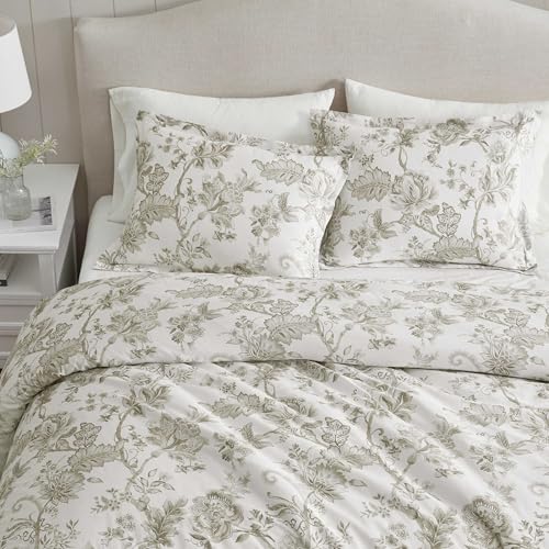 Martha Stewart - Queen Comforter Set, Smooth Sateen Front with Subtle Sheen & Lightweight Cotton Percale Reverse, 3 Piece Bed Set with Matching Pillowcases (Avery Floral Grey) Martha Stewart