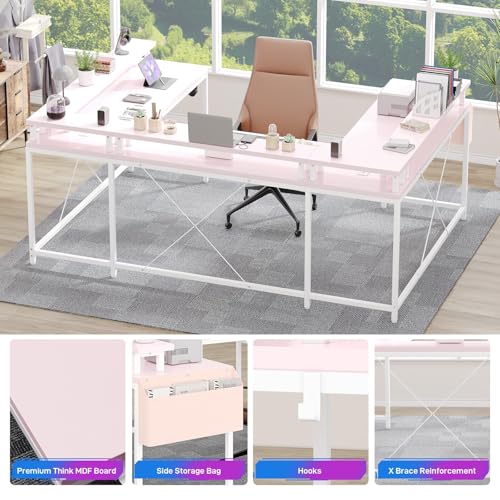 ElfinAura 78" U-Shaped Computer Desk - Reversible L-Shape Design with Built-in Power Strip, LED Lighting & Monitor Stand, Gaming Desk with Storage Shelves & Hooks - Pink. ElfinAura