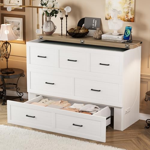 Ball & Cast Murphy Bed Queen Size,Hideaway Wall Cabinet Bed with Charging Station and 1 Large Storage Drawer,Multi-Functional Foldable Platform Beds Frame,can be Folded,for Apartment,Bedroom,White Ball & Cast