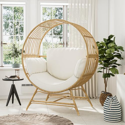 Bifanuo Oversized Egg Chair Indoor/Outdoor Rattan Hanging Basket Chair with Thickened Cushion Supports 350LBS – Wicker Patio Lounge Chair for Balcony Porch Living Room Backyard (Beige)