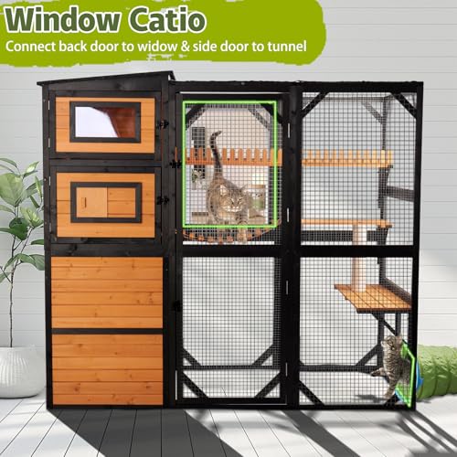 Nicedday Catio Outdoor Cat Enclosures, Large 4 Tiers Wood Cat House, Cat Enclosure Connect to Window with Weatherproof Roof, 4 Platforms, Scratching Pole & Bridge nicedday
