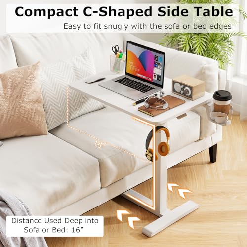 Tangkula Mobile Standing Desk, Pneumatic Height Adjustable Rolling Desk with Cup Holder & Headphone Hook, Overbed Table with Hidden Wheels, Laptop Computer Cart for Couch, Home, Office (White) Tangkula