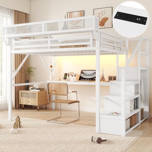 KEIKI Queen Size Metal Loft Bed Frame with Desk, Staircase, Built-in Storage Shelves and Wardrobe, Modern Loft Bed with Solid Slat, Guardrail, No Box Spring Required, Easy Assembly, for Bedroom, White KEIKI