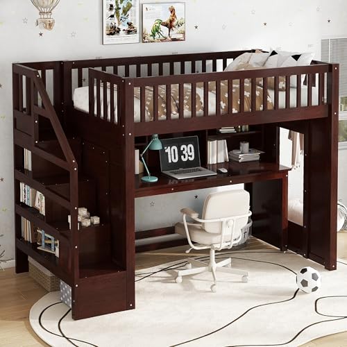 Harper & Bright Designs Twin Size Loft Bed with Stairs, Solid Wood Loft Bed with Movable Desk, Featuring Storage Stairs and Storage Shelf, for Teens Adults (Espresso) Harper & Bright Designs