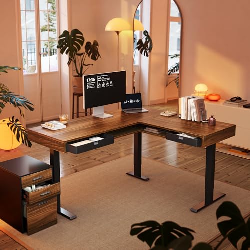 HUANUO Electric L Shaped Standing Desk, 63″x55″ Height Adjustable Corner Computer Desk with 2 Under Desk Drawers & Open Storage Sapce, Sit Stand Up Table with Power Strip Tray & Cable Grommets, Walnut HUANUO
