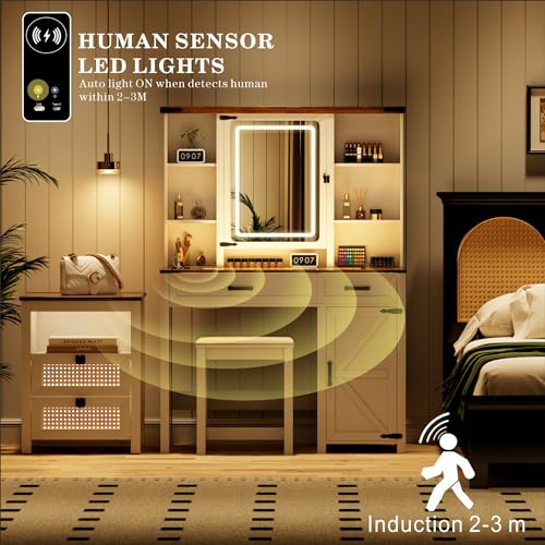 GlasFlength Farmhouse Makeup Desk with Mirror & Light 40'' Glass Tabletop Table with 2 Drawers & Hidden Jewelry Cabinet Rustic Big Vanity Charging Station Set Stool Included Bedroom, Vintage White GlasFlength