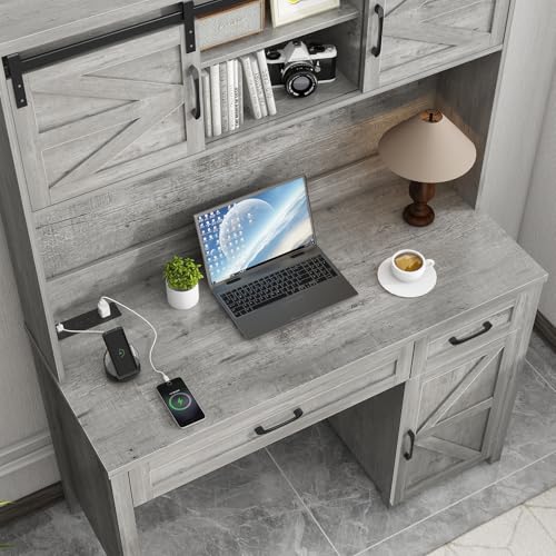 Vabches Farmhouse 47" Executive Desk, Computer Desk with 2 Drawers, LED Light and Storage Cabinet, Home Office Desk with Hutch, Charging Hub, Workstation for Home Office and Study(Grey Vabches