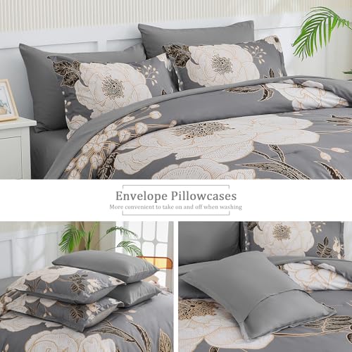 Luxudecor Floral King Comforter Set 7 Pieces Bed in a Bag, White Flower Print on Grey Bedding Set, Soft Reversible Comforter with Sheet Set 104"x90" Luxudecor
