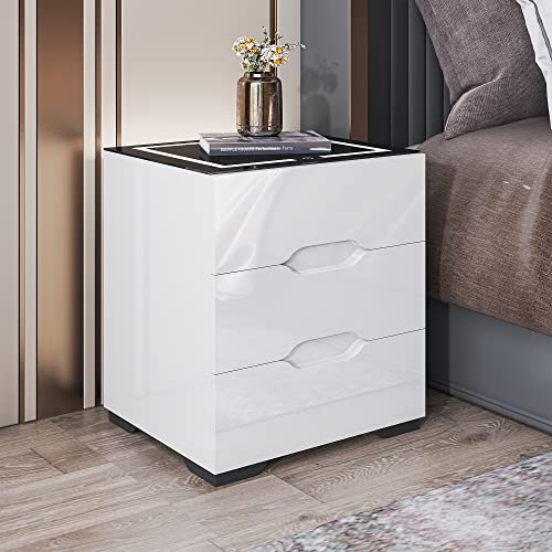 kepptory White Smart Nightstand with Wireless Charging Station & Adjustable LED Lights, High Gloss End Table with 3 Drawers & USB Charging, Bedside Table Organizer for Bedroom Use kepptory