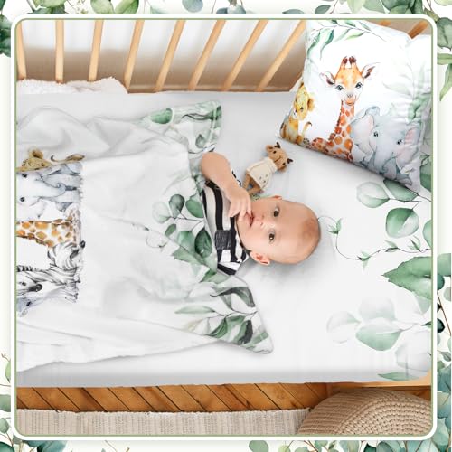 HunnmingRe Baby Safari Animals Crib Bedding Set 3 Pcs Crib Set Baby Blanket, Fitted Sheet, Pillowcase Soft Flannel Nursery Bedding for Standard Infant Bed and Toddler Mattress Newborns Gifts HunnmingRe