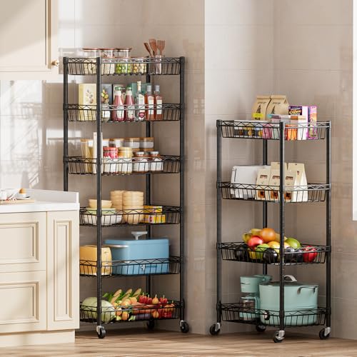 SINGAYE 6 Tier Basket Shelf Wire Shelving Unit Adjustable Storage Shelves Big Basket Rack for Garage Kitchen Office Pantry Corner 17" Dx12 Wx63 H Black SINGAYE