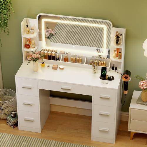 JUMMICO Makeup Vanity Desk with Large Mirror and LED Lights, Vanity with Power Strip and Hairdryer Holder, 6 Open Shelves and 7 Drawers Modern Dressing Table, for Bedroom (White) JUMMICO