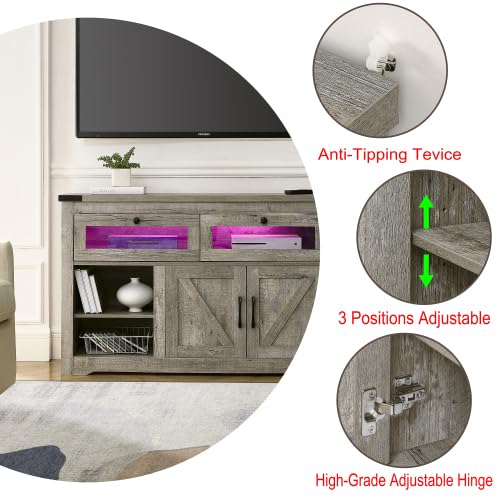 EXQUAL Sideboard Buffet Cabinet with Storage, 47" Kitchen Storage Cabinet with LED Lights, Farmhouse Coffee Bar with 2 Barn Doors for Kitchen Dining Room, Hallway, Living Room EXQUAL