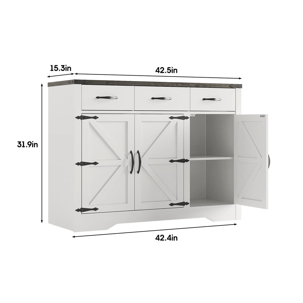 Maupvit 42.5" Farmhouse Buffet Cabinet with Storage, Coffee Bar Cabinet with 3 Drawers and 3 Barn Doors, Sideboard Cabinet, Wood Buffet Table Storage Cabinet for Kitchen, Dining Room,Living Room,White Maupvit