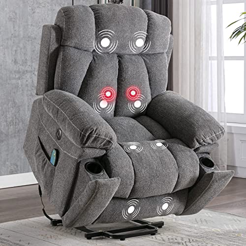 CANMOV Large Power Lift Recliner Chairs with Massage and Heat for Elderly Big People, Heavy Duty Motion Reclining Mechanism-Anti Skid Fabric Recliner Chair with 2 Concealed Cup Holders,Dark Gray CANMOV