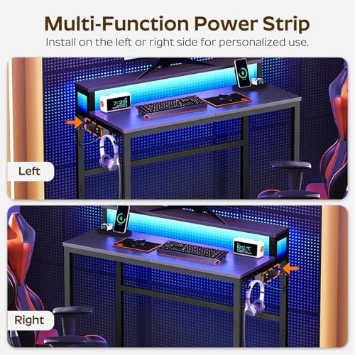 YATINEY Small Computer Desk with Charging Station and LED Lights, Gaming Desk with Monitor Stand, 2-Tier Home Office Desk with 4 Side Hooks, for Living Room, Home Office, Black DN01UDBBY2 YATINEY