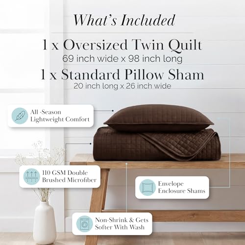 Southshore Fine Living, Inc. Twin XL Bedspread Quilt Set, Dorm Room Bedding Essentials, Stain Resistant, Machine Washable Bed Spread, XL/Twin Brown Comforter Set w/Pillow Sham, Chocolate Brown Southshore Fine Living, Inc.