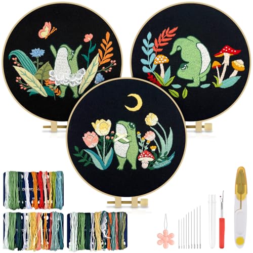 TINDTOP 3 Sets Embroidery Kit for Adults, Frog Embroidery Practice Kit for Beginners Include Embroidery Cloth Hoops Threads for Craft Lover Hand Stitch with Embroidery Skill Techniques