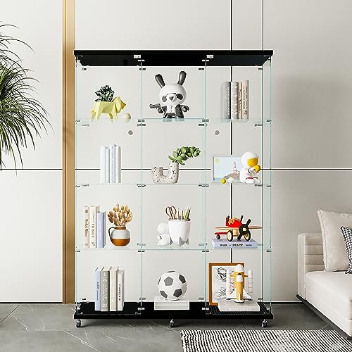 Glass Display Cabinet with 12 Shelves with 3 Columns, 4 Tier Curio Cabinet with Doors, Fast Installation, Floor Standing Tempered Glass Collection Display Showcase for Bedroom, Living Room (Black-A) AONYAYBM