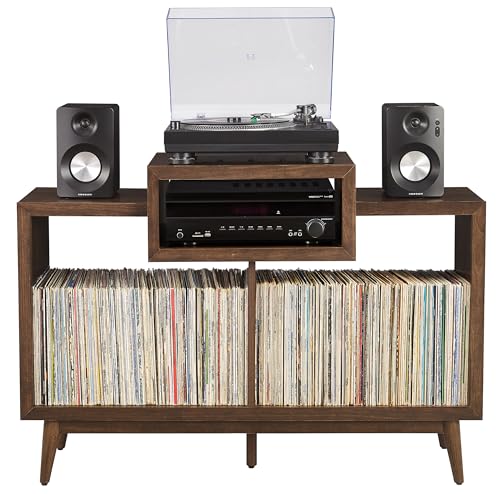 Crosley Furniture Nashville Mid Century Modern Console Record Player Stand, Stores Up to 220 Vinyl Records, Medium, Brown Crosley Furniture