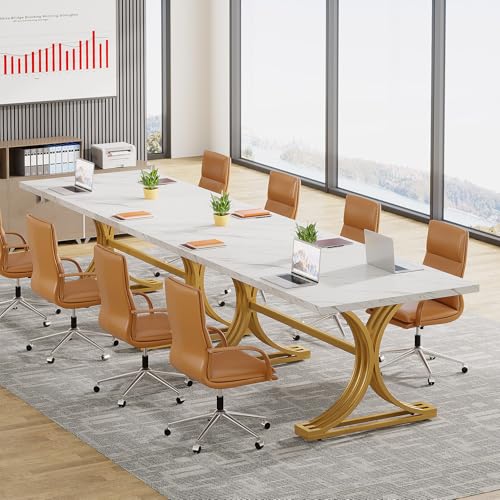 Tribesigns 10.5FT Faux Marble Conference Table, Modern Meeting Table with Gold Legs for 8-10 People, Rectangle Seminar Boardroom Table for Office Conference Room (4, White + Gold) Tribesigns