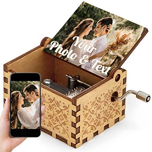 Personalized Music Box Custom Gift with Your Photo Text Wooden Hand Crank Music Box for Father's Day Mother's Day Valentine's Day Wedding Anniversary Boneker