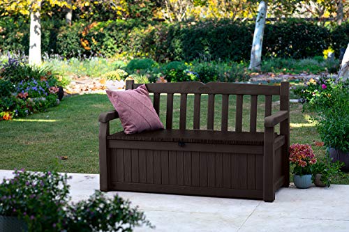 Keter Solana 70 Gallon Storage Bench Deck Box for Patio Furniture, Front Porch Decor and Outdoor Seating – Perfect to Store Garden Tools and Pool Toys, Brown/Brown Keter