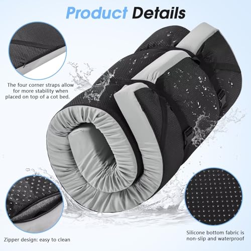 CYMULA Memory Foam Camping Mattress Pad,3 in Sleeping Pad for Camping,Non-Slip Bottom Floor Bed Floor Mattress for Adults,Portable Roll up Mattress Sleeping Mat for Car Travel,Guest Bed (Cot 72 * 24) CYMULA