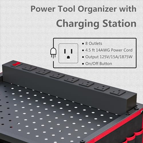 Luffioner Power Tool Organizer Cart with 8 Outlets Charging Station, Tools Storage Cart with DIY Drawer, Wheels, Power Strip, Utility Rack for Power Tools, Batteries, Wrench, Repair Tools (Red) Luffioner