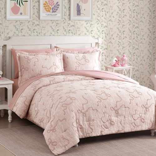Geniospin Pink Full Comforter Set for Girls- 7 Pieces Bowknot Jacquard Bed in A Bag Full Bedding Sets with Sheets, Pillowcases & Shams, All Season Kids Comforter Set Geniospin