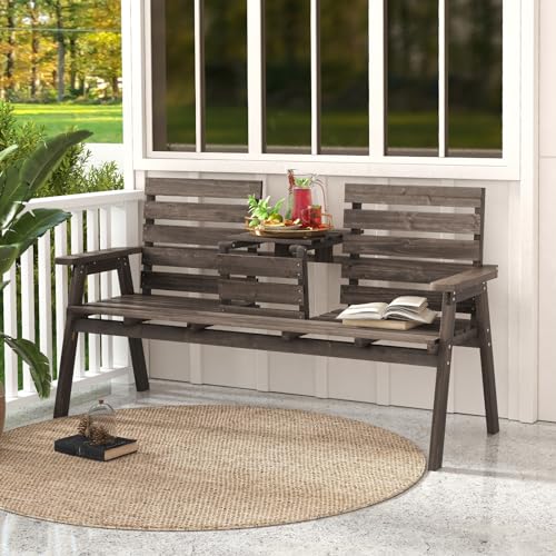 Tangkula Outdoor Fir Wood Bench with Foldable Middle Table, 2-3 Person Garden Bench with Backrest and Armrests, Slatted Seat Bench for Porch, Patio, Backyard, 710lb Weight Capacity (Coffee) Tangkula